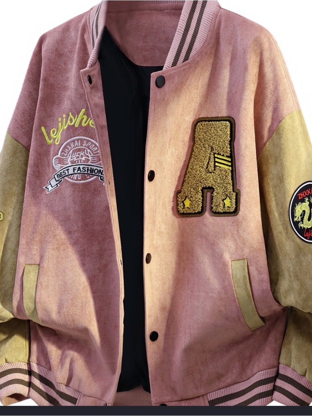 Varsity-Style Men's Pink and Olive Letterman Jacket